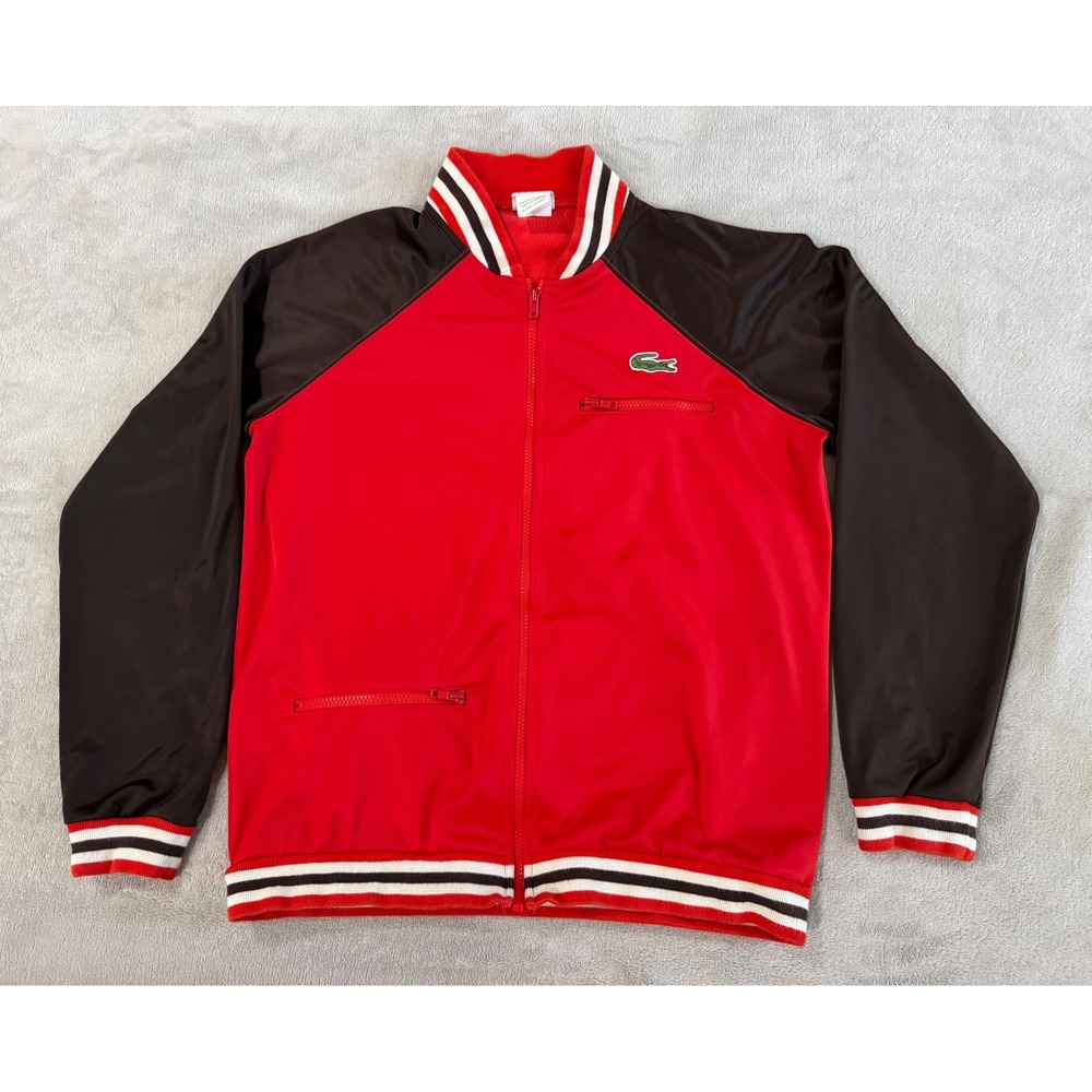 Lacoste Sport Mens Red Black Striped Track Jacket Full Zip Size 4 RN87651